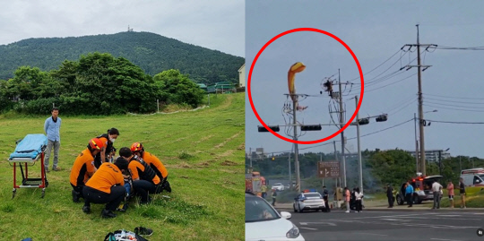 패러글라이딩을 하다 부상을 입은 모습(왼)과 패러글라이딩 중 전선주에 걸린 모습. [제주소방본부, 보배드림 인스타그램 캡처]